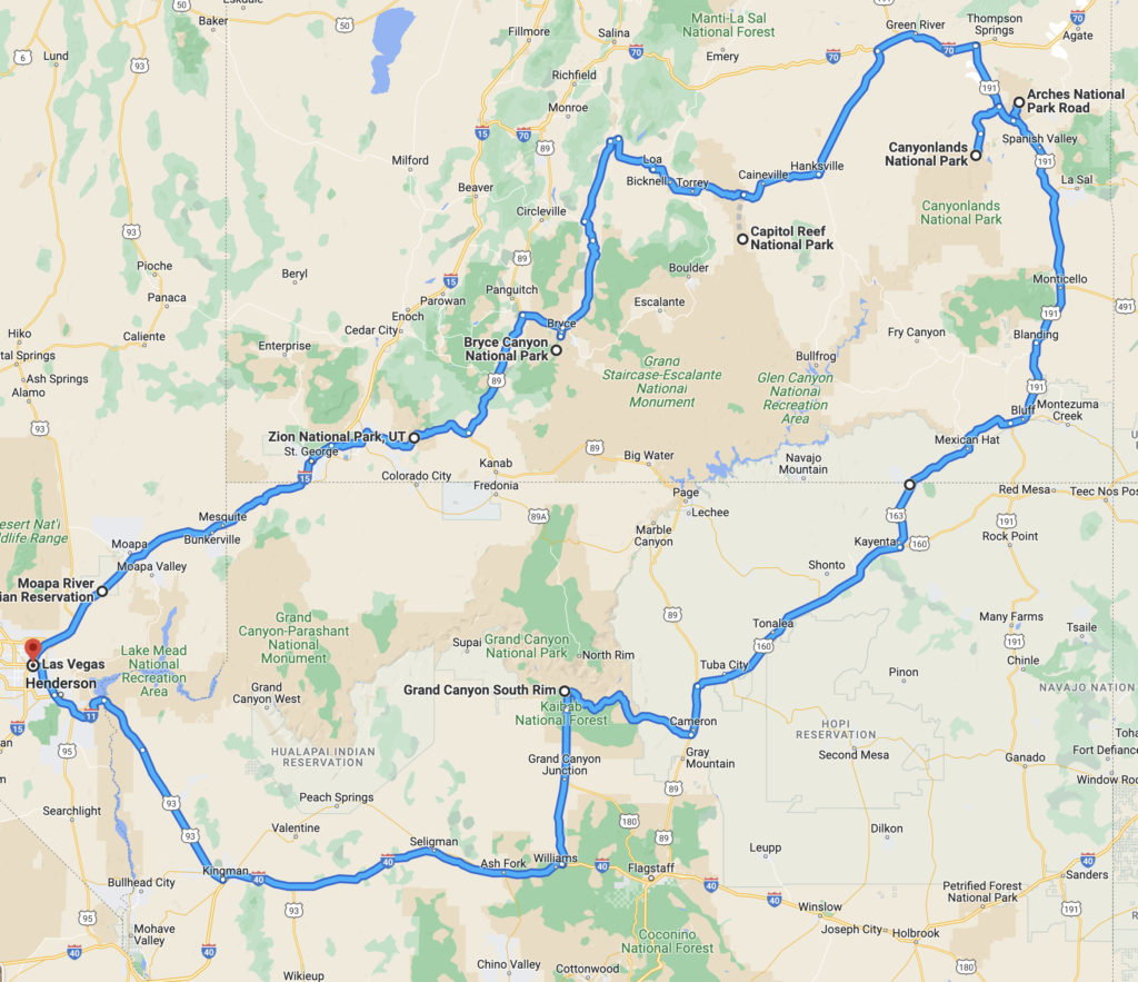 Google map of driving to 6 National Parks and 1 National Monument